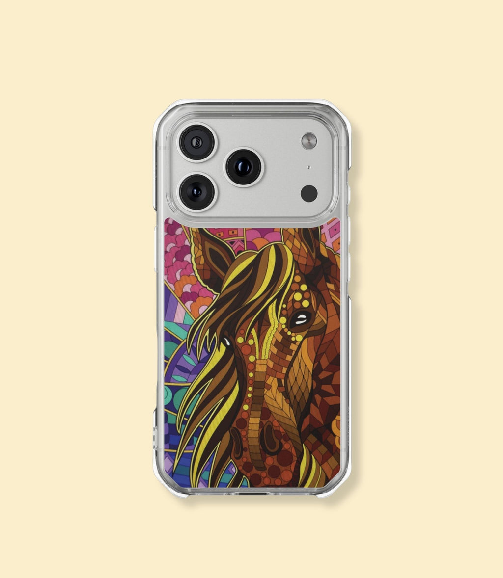 Colourful mosaic horse clear magnetic phone case for iPhone 17 Pro on a cream background
