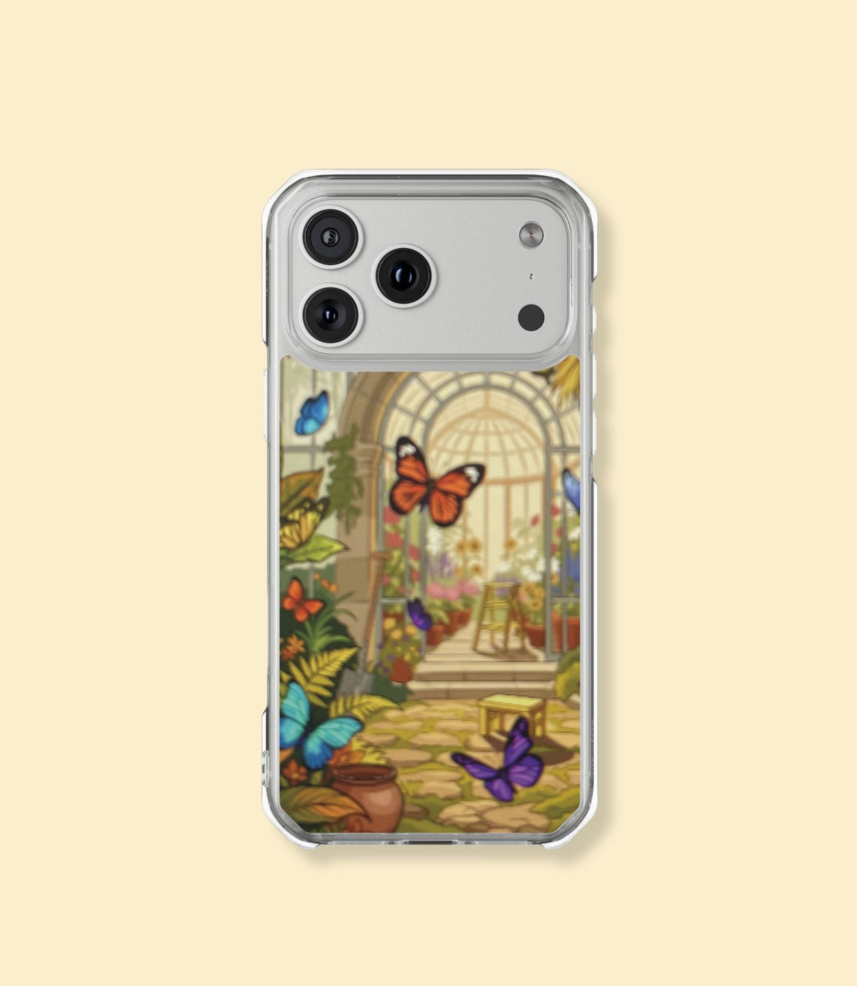 Butterfly conservatory clear magnetic phone case for iPhone 17 Pro on a cream background