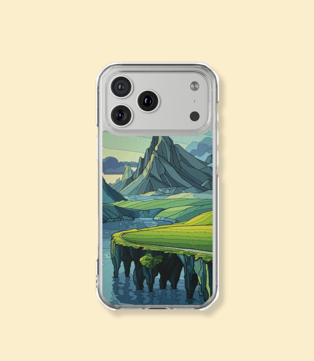 Mountain cliff seascape clear magnetic phone case for iPhone 17 Pro on a cream background