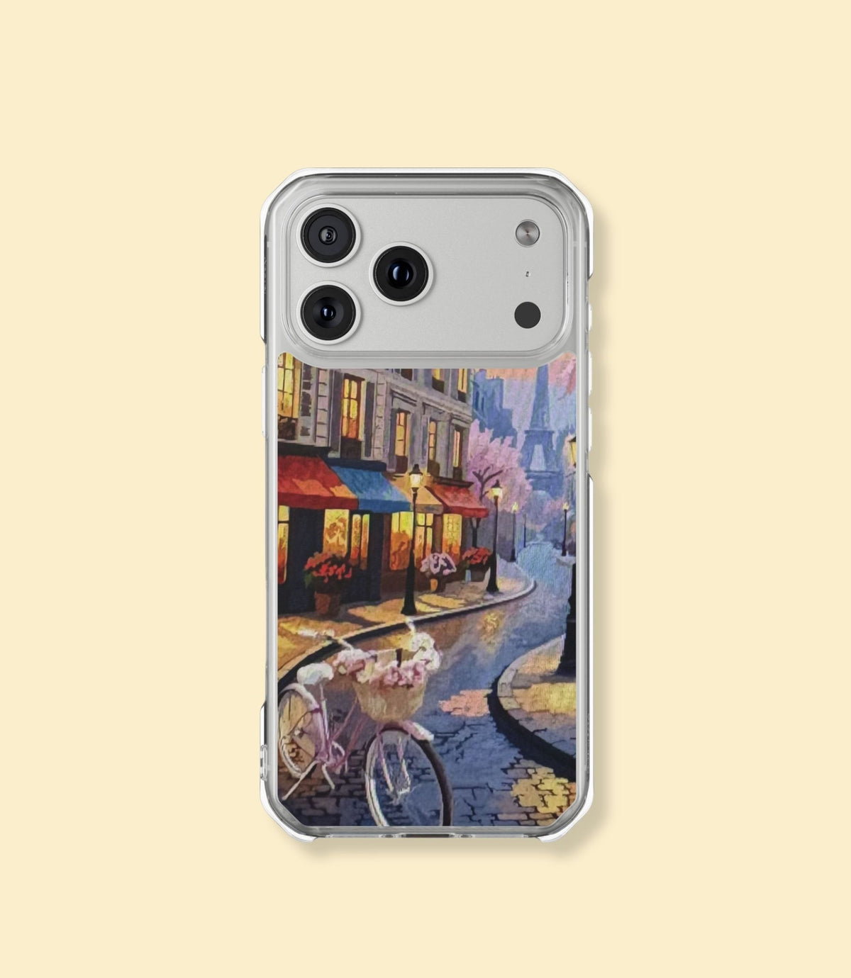 Paris street café clear magnetic phone case for iPhone 17 Pro on a cream background