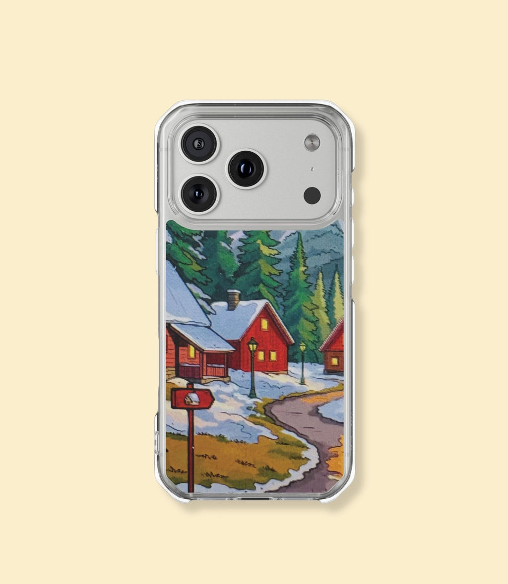 Winter mountain village clear magnetic phone case for iPhone 17 Pro on a cream background