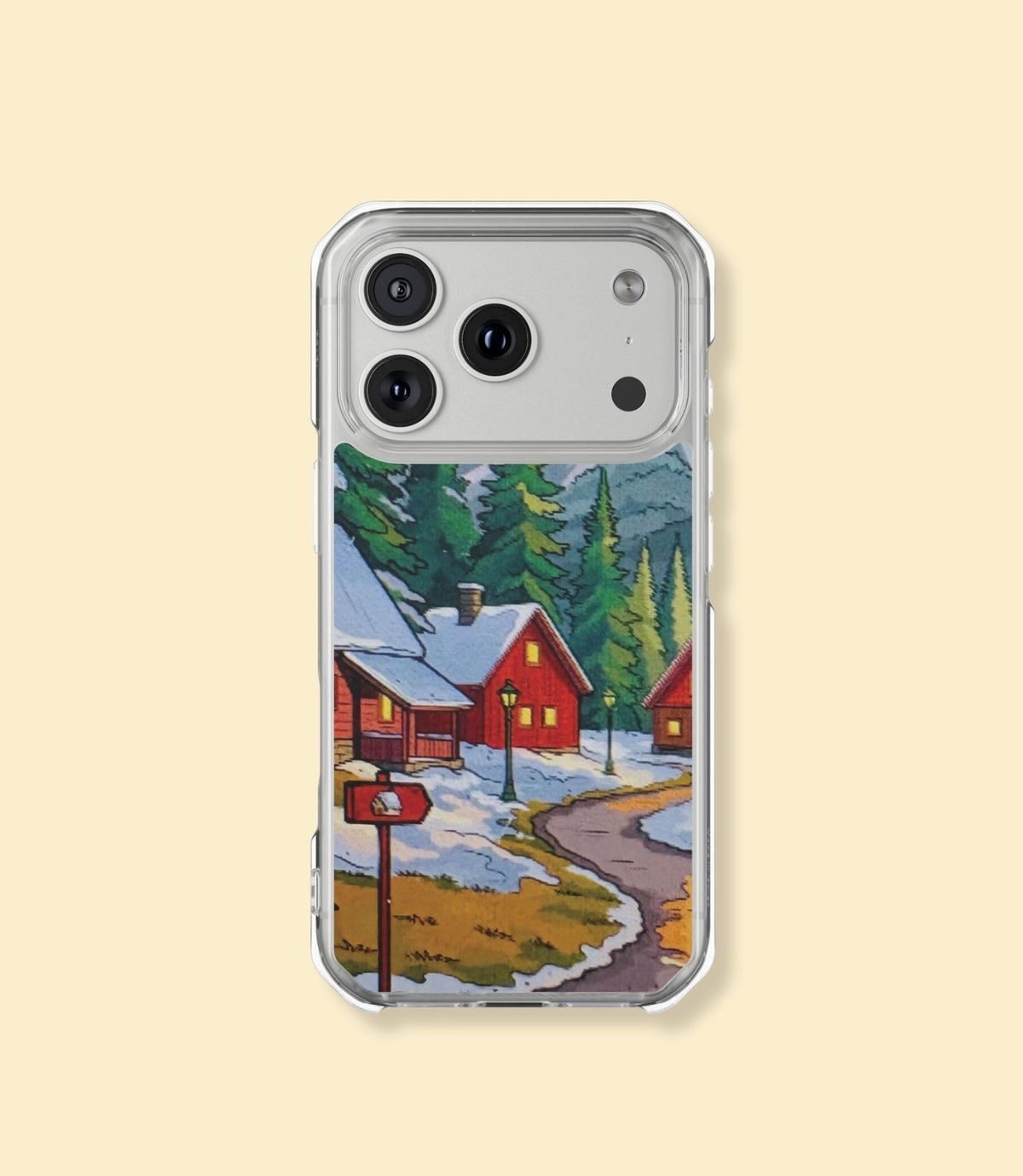 Winter mountain village clear magnetic phone case for iPhone 17 Pro on a cream background