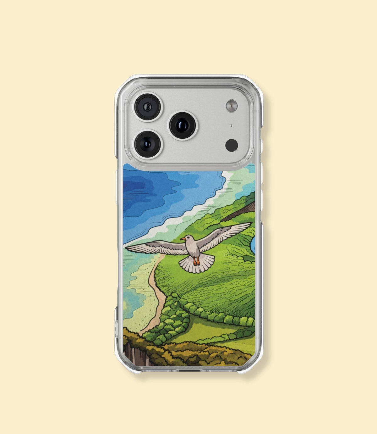 Volcanic coast and seagull clear magnetic phone case for iPhone 17 Pro on a cream background