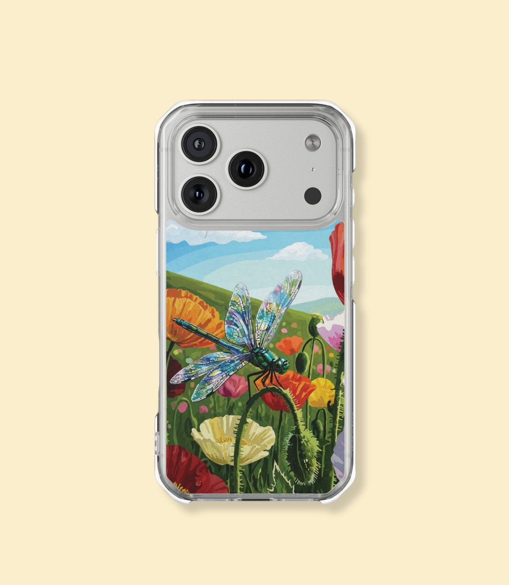 Dragonfly meadow clear magnetic phone case for iPhone 17 Pro on a cream background