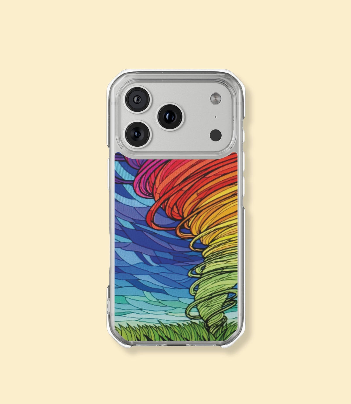 Rainbow tornado clear magnetic phone case for iPhone 17 Pro on a cream background