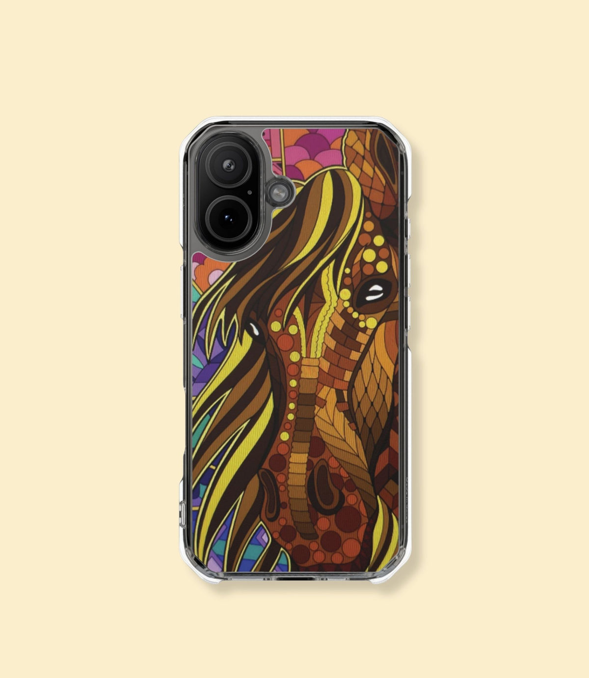 Colourful mosaic horse clear magnetic phone case for iPhone 17 on a cream background