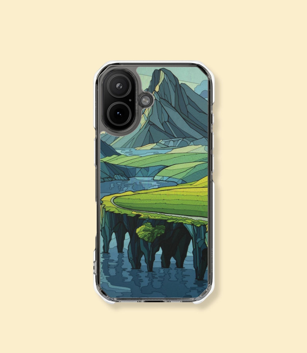 Mountain cliff seascape clear magnetic phone case for iPhone 17 on a cream background
