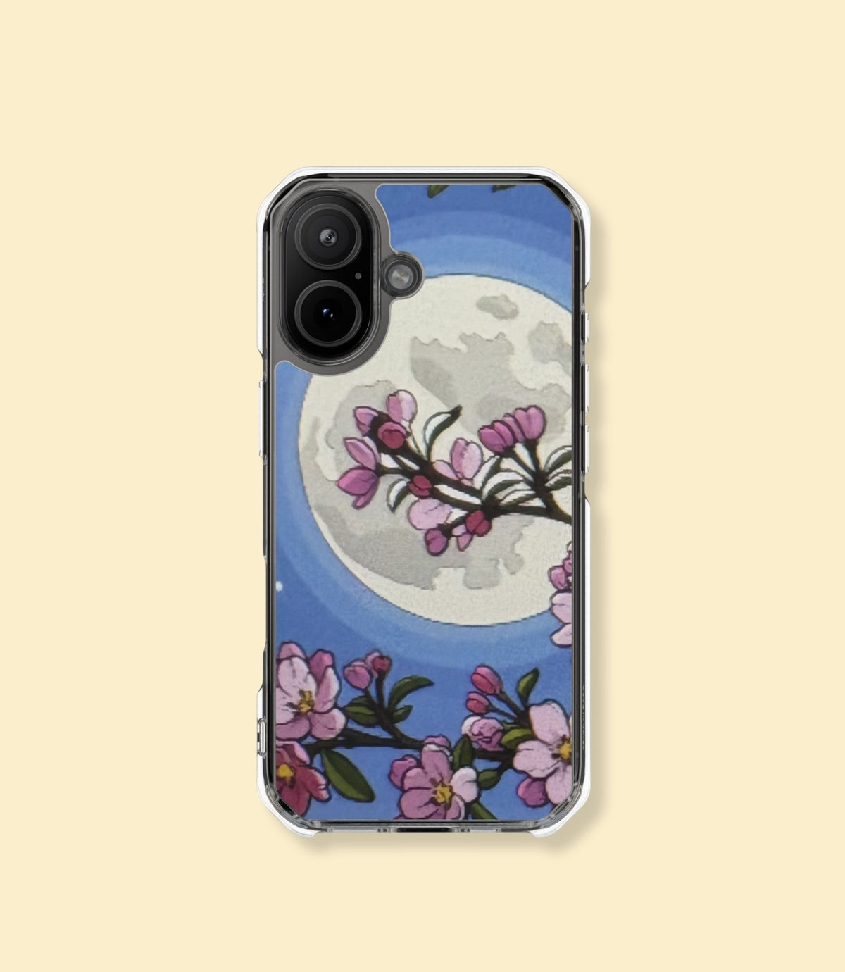 Cherry blossom moon clear magnetic phone case for iPhone 17 on a cream background