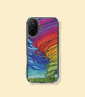 Rainbow tornado clear magnetic phone case for iPhone 17 on a cream background