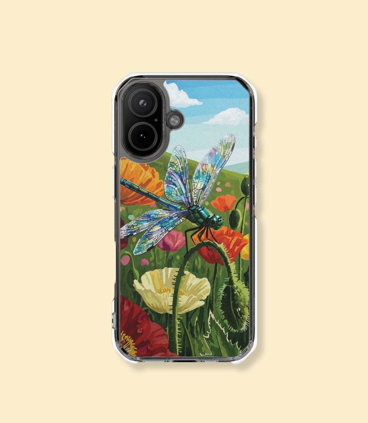 Dragonfly meadow clear magnetic phone case for iPhone 17 on a cream background