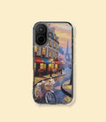 Paris street café clear magnetic phone case for iPhone 17 on a cream background