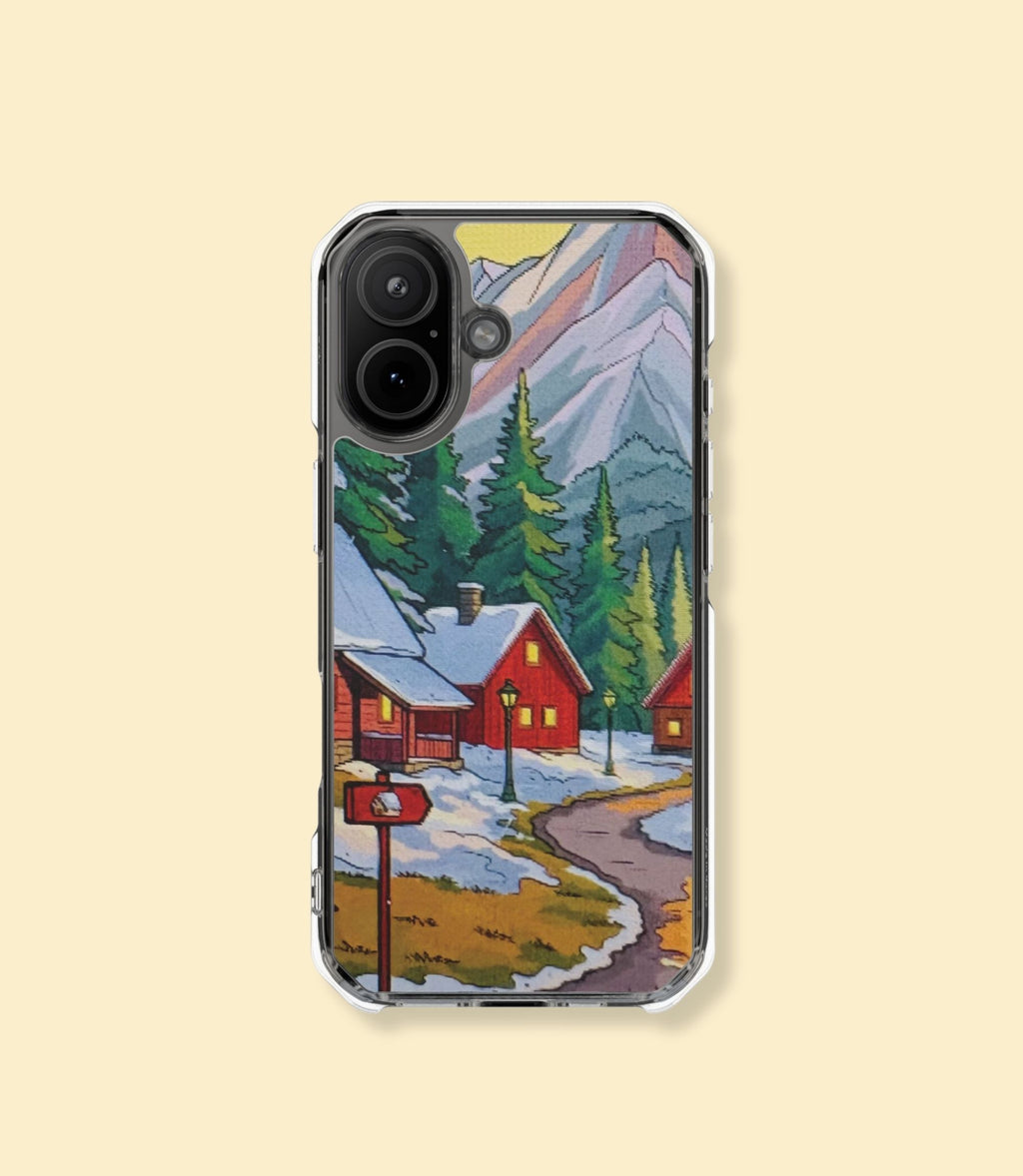 Winter mountain village clear magnetic phone case for iPhone 17 on a cream background