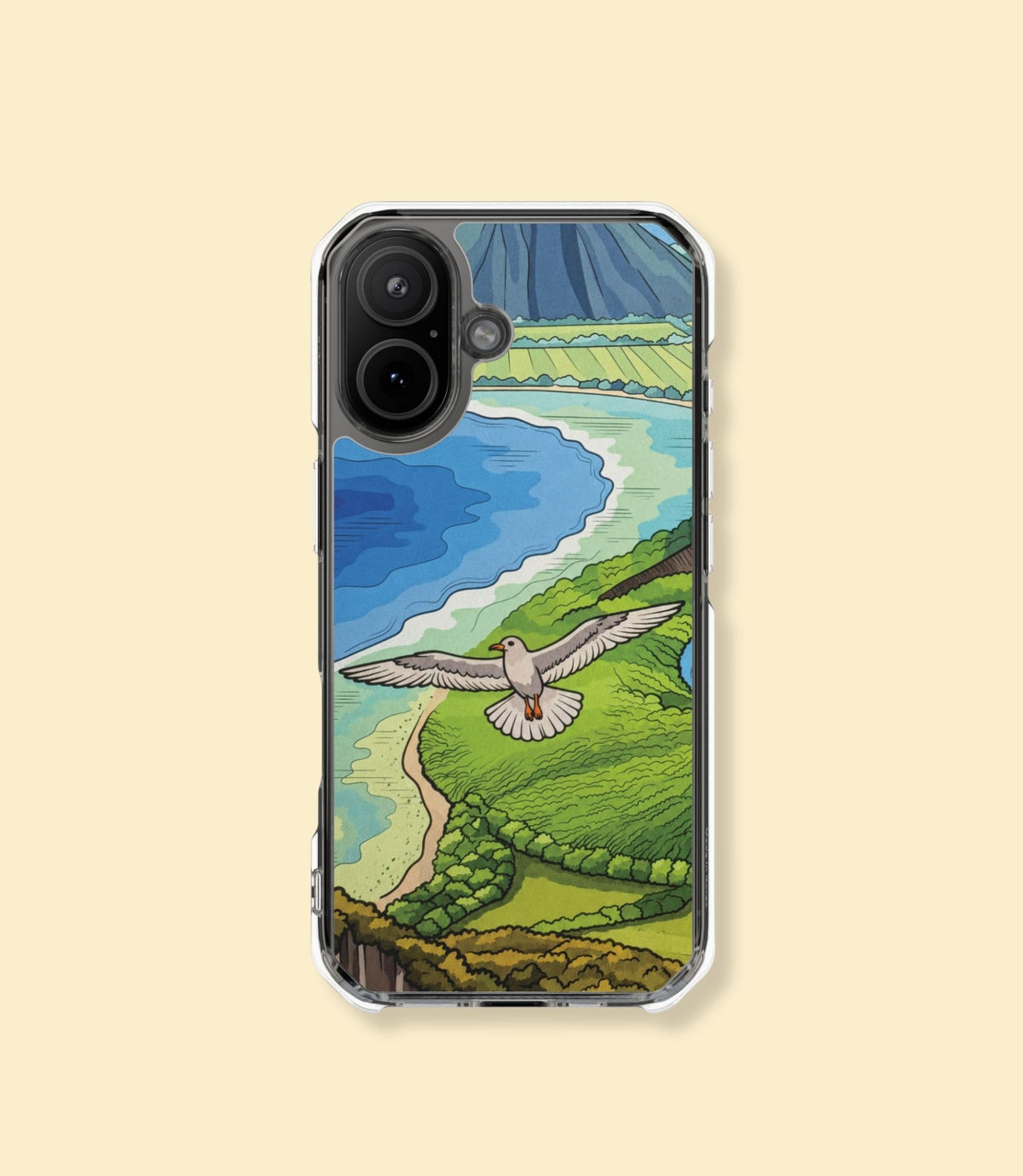Volcanic coast and seagull clear magnetic phone case for iPhone 17 on a cream background