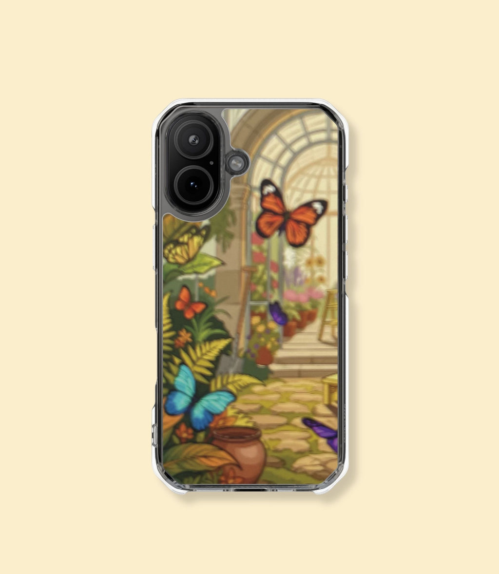 Butterfly conservatory clear magnetic phone case for iPhone 17 on a cream background