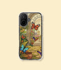 Butterfly conservatory clear magnetic phone case for iPhone 17 on a cream background