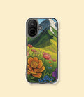 Mountain wildflower garden clear magnetic phone case for iPhone 17 on a cream background