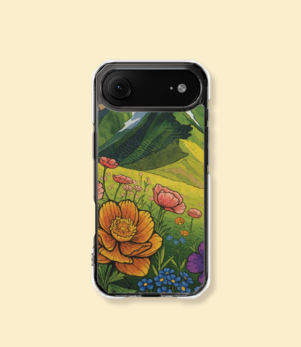 Mountain wildflower garden clear magnetic phone case for iPhone 17 Air on a cream background