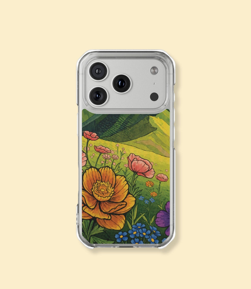 Mountain wildflower garden clear magnetic phone case for iPhone 17 Pro Max on a cream background