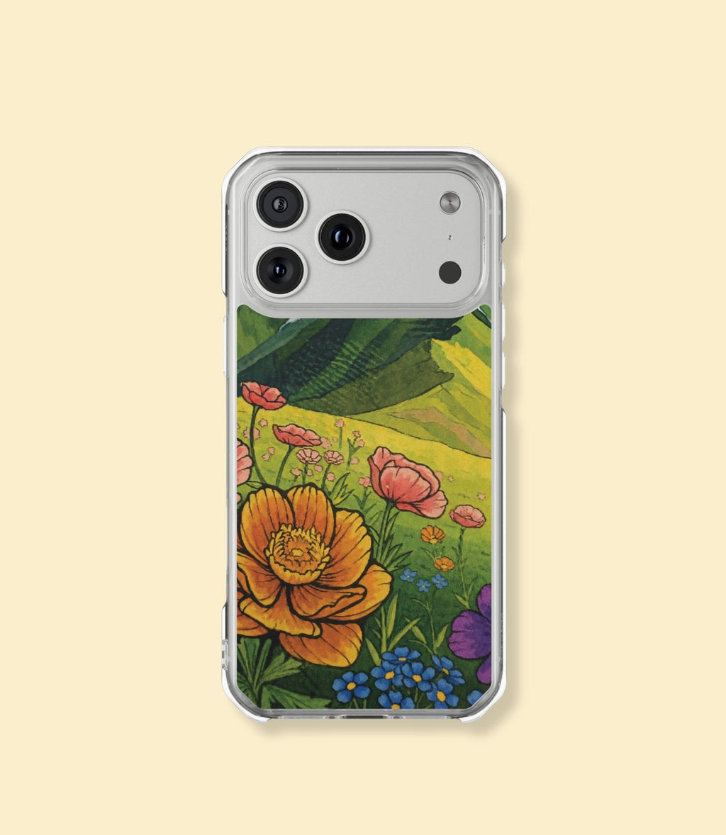 Mountain wildflower garden clear magnetic phone case for iPhone 17 Pro on a cream background